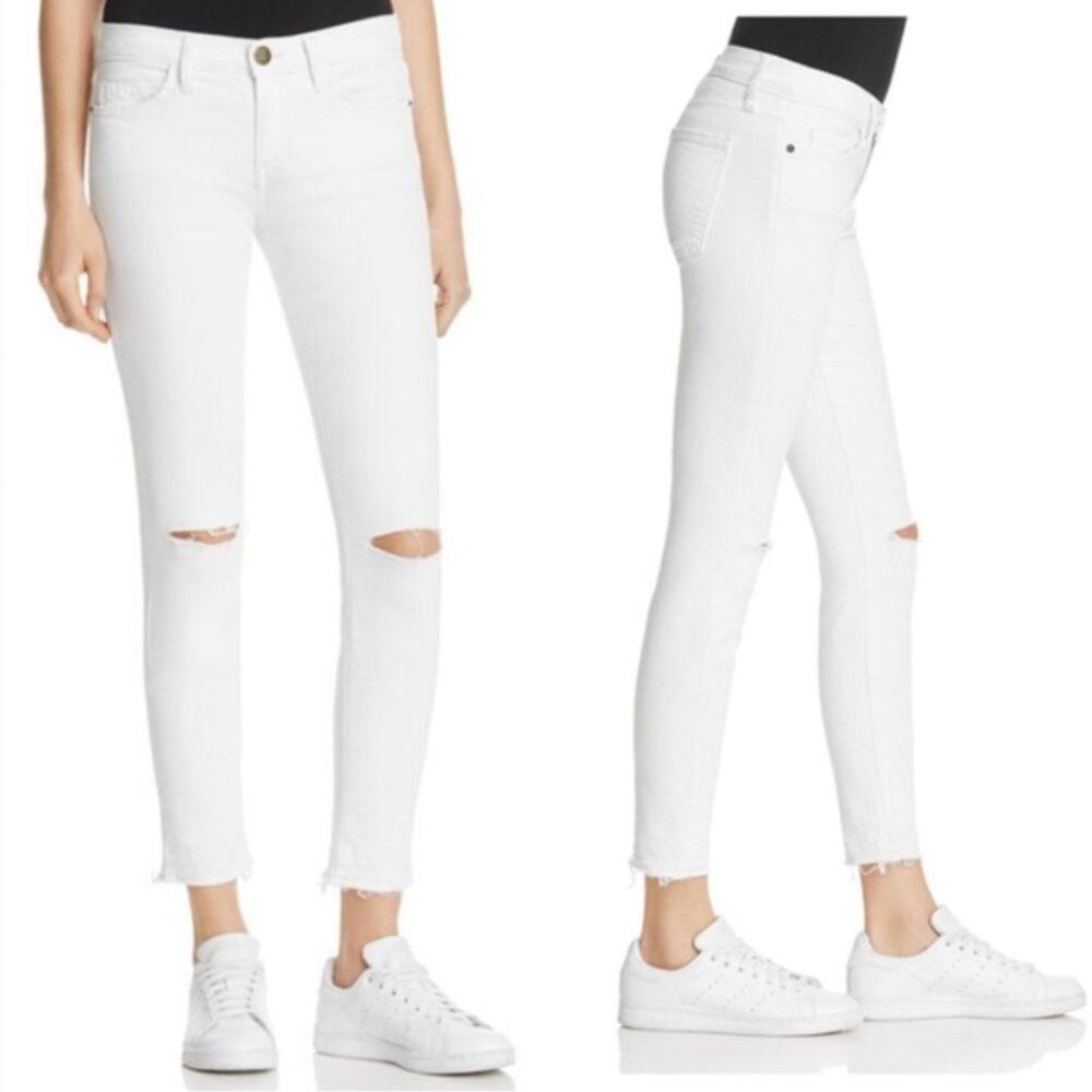 Current/Elliott Stiletto Skinny Jeans in Sugar Knee Destroy Raw Hem